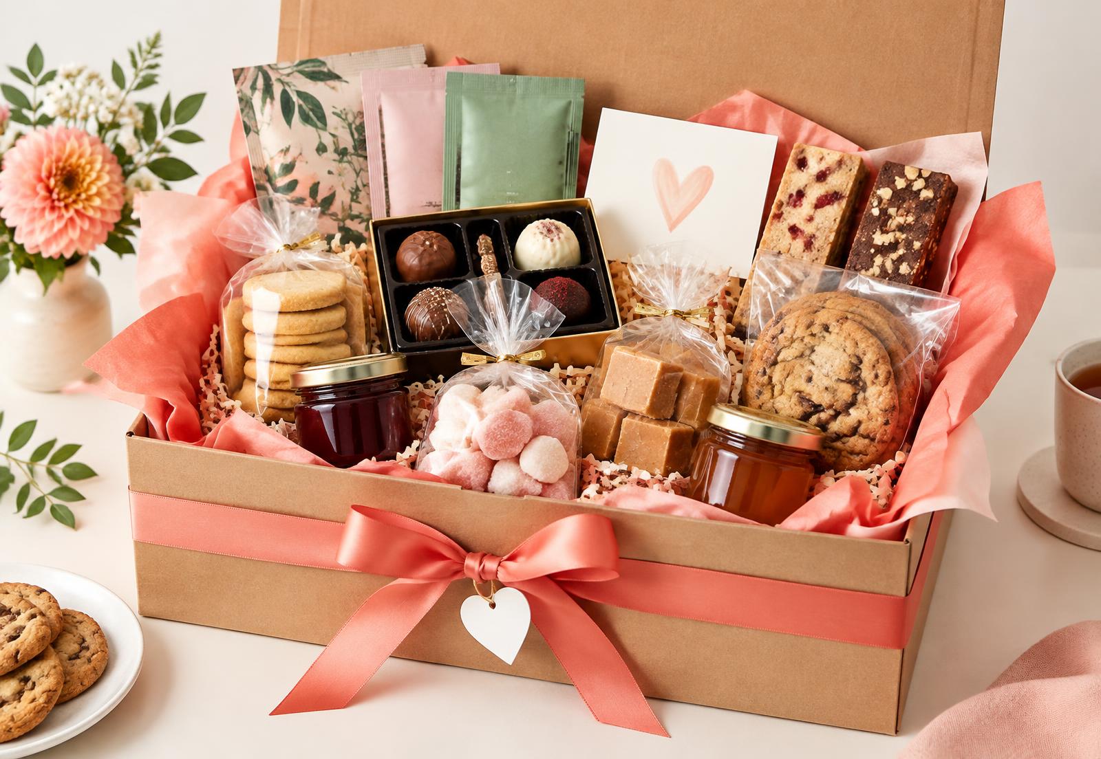 Open gift hamper filled with colourful packaged biscuits, sweets, chocolate, jam and tea